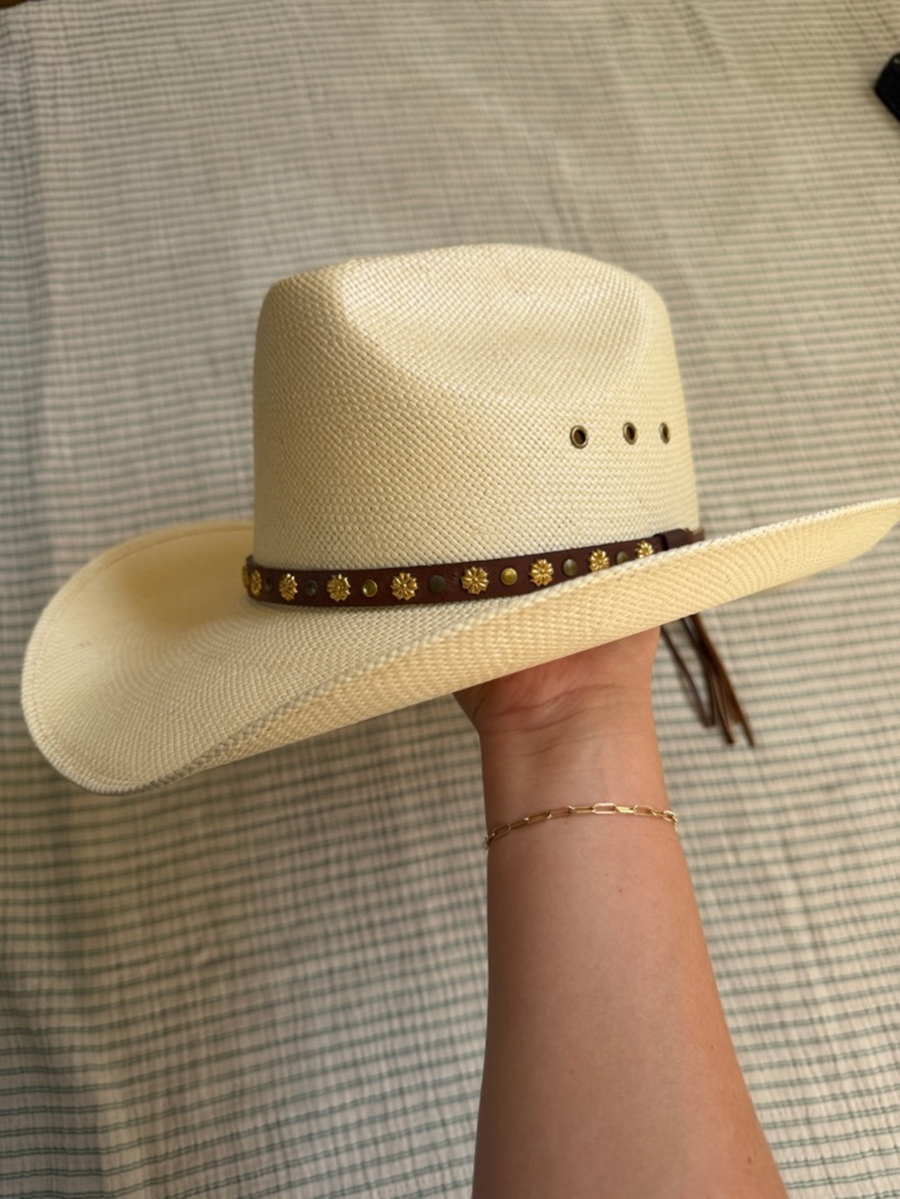 Larry Mahan Straw Western Hat with Brown Leather Band with gold detail